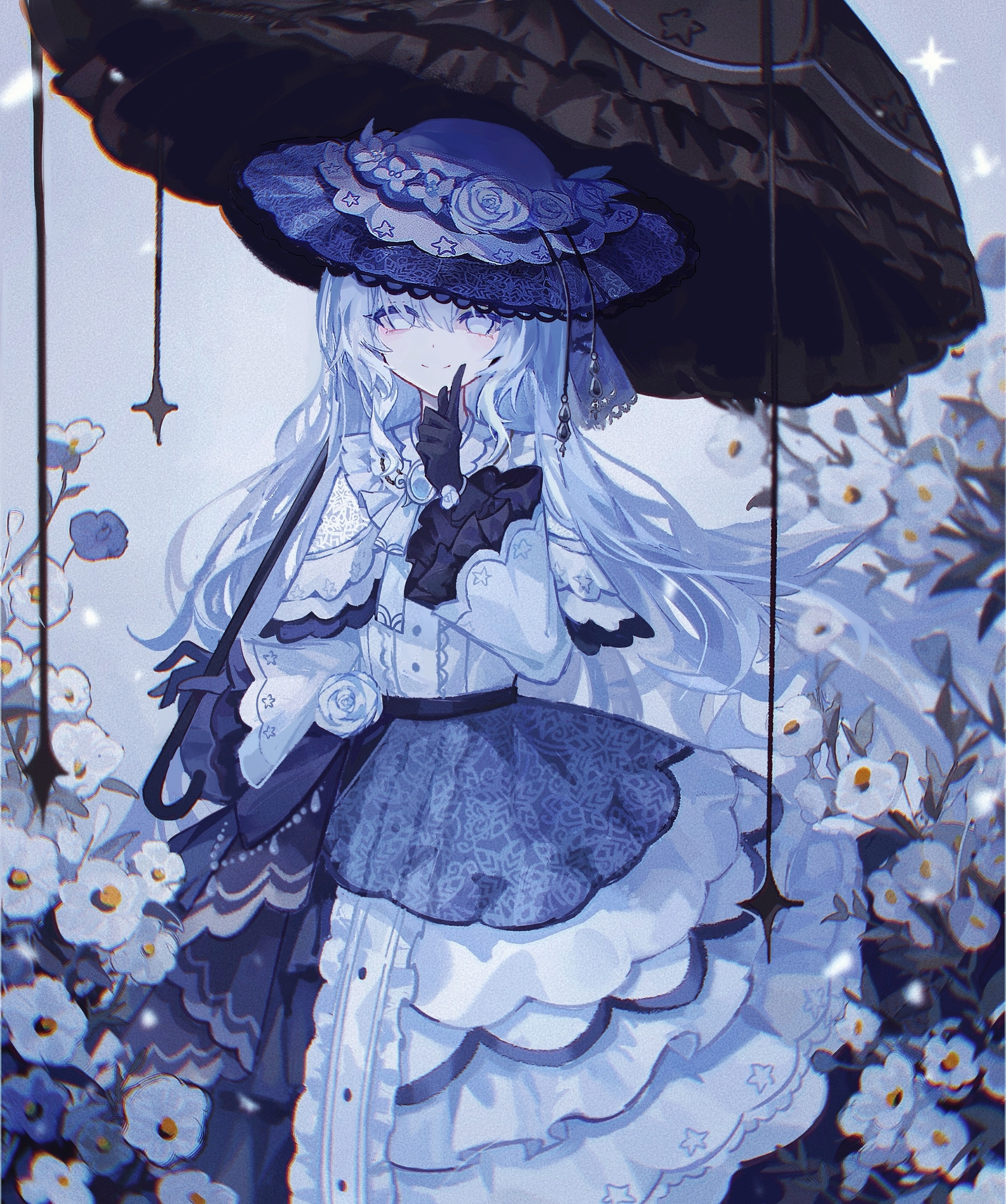 mahou shoujo no majo saiban, absurdres, commentary, highres, spoilers, symbol-only commentary, 1girl, ao li ao wuya, black gloves, black umbrella, blue eyes, blue hat, closed mouth, dress, feet out of frame, floral background, flower, frilled dress, frilled sleeves, frills, gloves, grey background, hand up, hat, holding, holding umbrella, index finger raised, lolita fashion, long hair, long sleeves, looking at viewer, magical girl, parasol, smile, solo, standing, tsukishiro yuki, umbrella, white dress, white flower, white hair