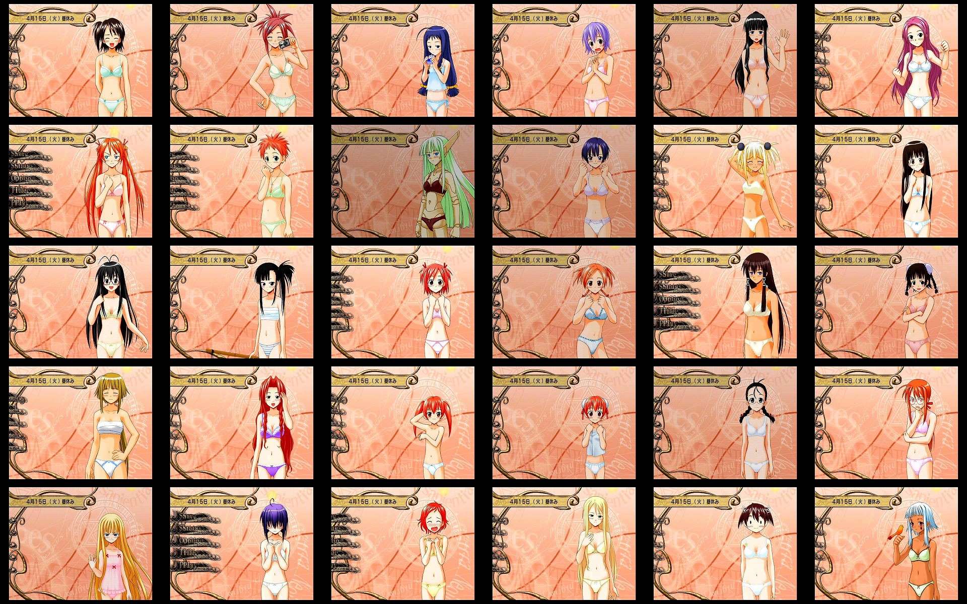 akashi yuuna, asakura kazumi, ayase yue, chao lingshen, evangeline a.k. mcdowell, hakase satomi, hasegawa chisame, izumi ako, kagurazaka asuna, kakizaki misa, karakuri chachamaru, kasuga misora, konoe konoka, kufei, kugimiya madoka, miyazaki nodoka, murakami natsumi (negima), naba chizuru, nagase kaede, narutaki fumika, narutaki fuuka, ookouchi akira, sakurazaki setsuna, saotome haruna, sasaki makie, shiina sakurako, tatsumiya mana, yotsuba satsuki, yukihiro ayaka, zazie rainyday, mahou sensei negima!, highres, jpeg artifacts, 00s, 6+girls, android, aqua hair, bare shoulders, bird, black hair, blonde hair, blue hair, blush, bra, breasts, brown hair, bun cover, camera, camisole, cleavage, closed eyes, dark-skinned female, dark skin, double bun, everyone, female focus, glasses, hair bun, juice box, large breasts, lingerie, loli, long hair, multiple girls, orange hair, panties, ponytail, purple hair, red hair, robot ears, sarashi, short hair, siblings, sisters, striped clothes, striped panties, topless female, twins, twintails, underwear, underwear only, vampire, very long hair