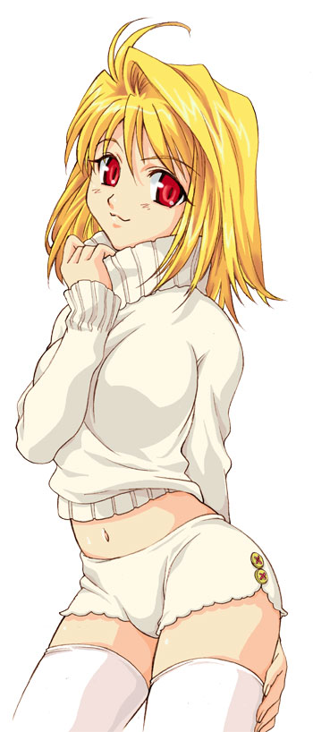 nishida asako, arcueid brunestud, tsukihime, hand on thigh, 00s, 1girl, blonde hair, female focus, hand on own thigh, midriff, navel, panties, red eyes, short hair, shorts, simple background, solo, standing, sweater, thighhighs, turtleneck, underwear, vampire, white background, white panties, white theme, white thighhighs