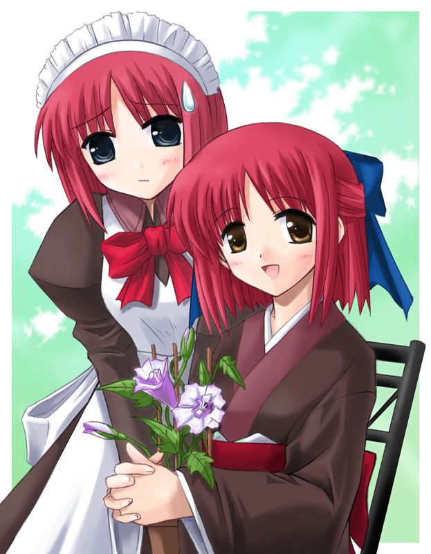 torishimo, hisui (tsukihime), kohaku (tsukihime), melty blood, tsukihime, type-moon, 00s, 2girls, half updo, maid, multiple girls, siblings, sisters, twins
