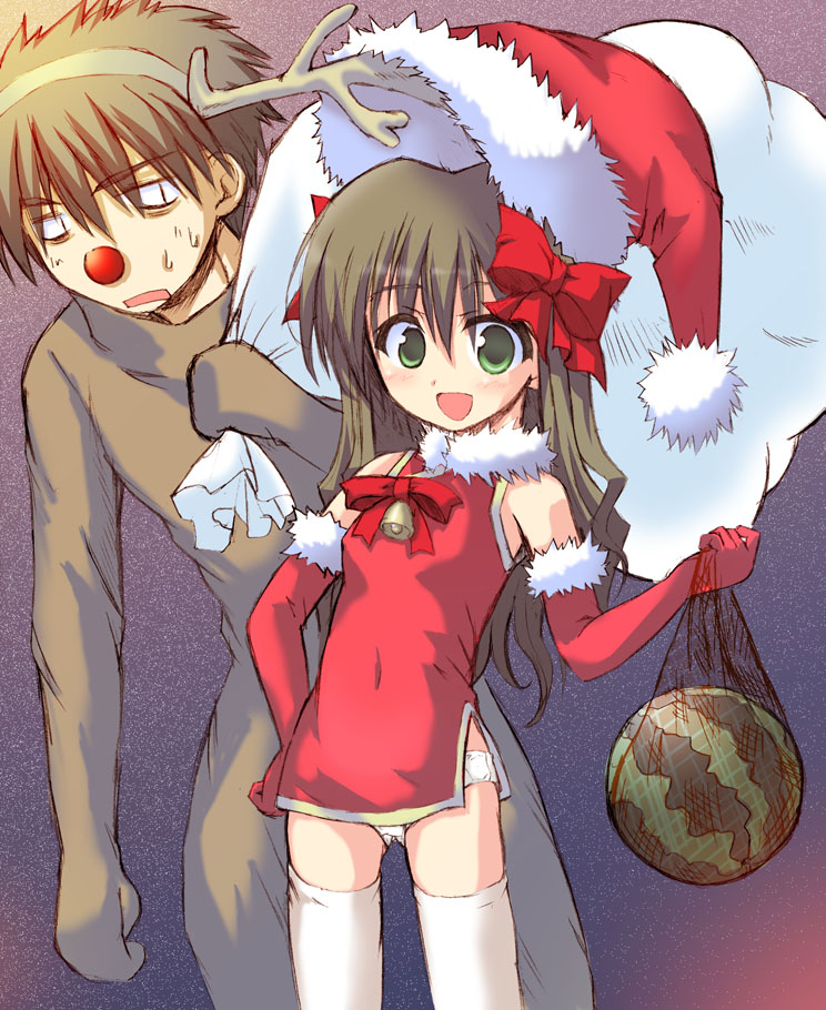 arima miyako, melty blood, tsukihime, artist request, source request, 00s, 1boy, 1girl, animal costume, antlers, bag, bare shoulders, bell, black hair, bow, brown hair, china dress, chinese clothes, christmas, detached sleeves, dress, elbow gloves, flat chest, food, fruit, gloves, green eyes, hair bow, hat, horns, long hair, navel, oekaki, open mouth, panties, pantyshot, red gloves, reindeer costume, ribbon, sack, santa costume, santa hat, standing, sweat, thighhighs, underwear, watermelon, zettai ryouiki