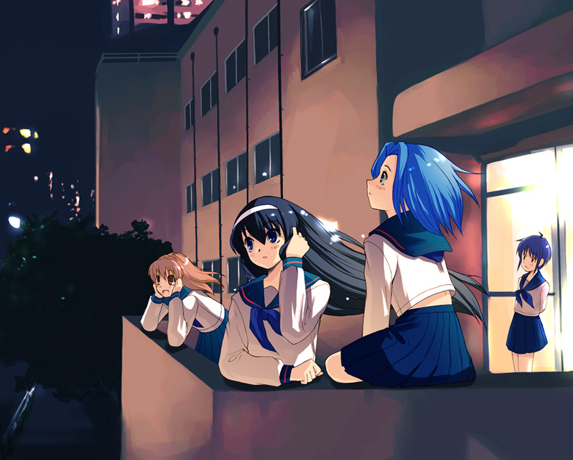 matsuzaki yutaka, misawa hanei, seo akira, tohno akiha, tsukihime souka, tsukihime, 00s, 4girls, balcony, hair between eyes, multiple girls, night, school uniform, serafuku, veranda