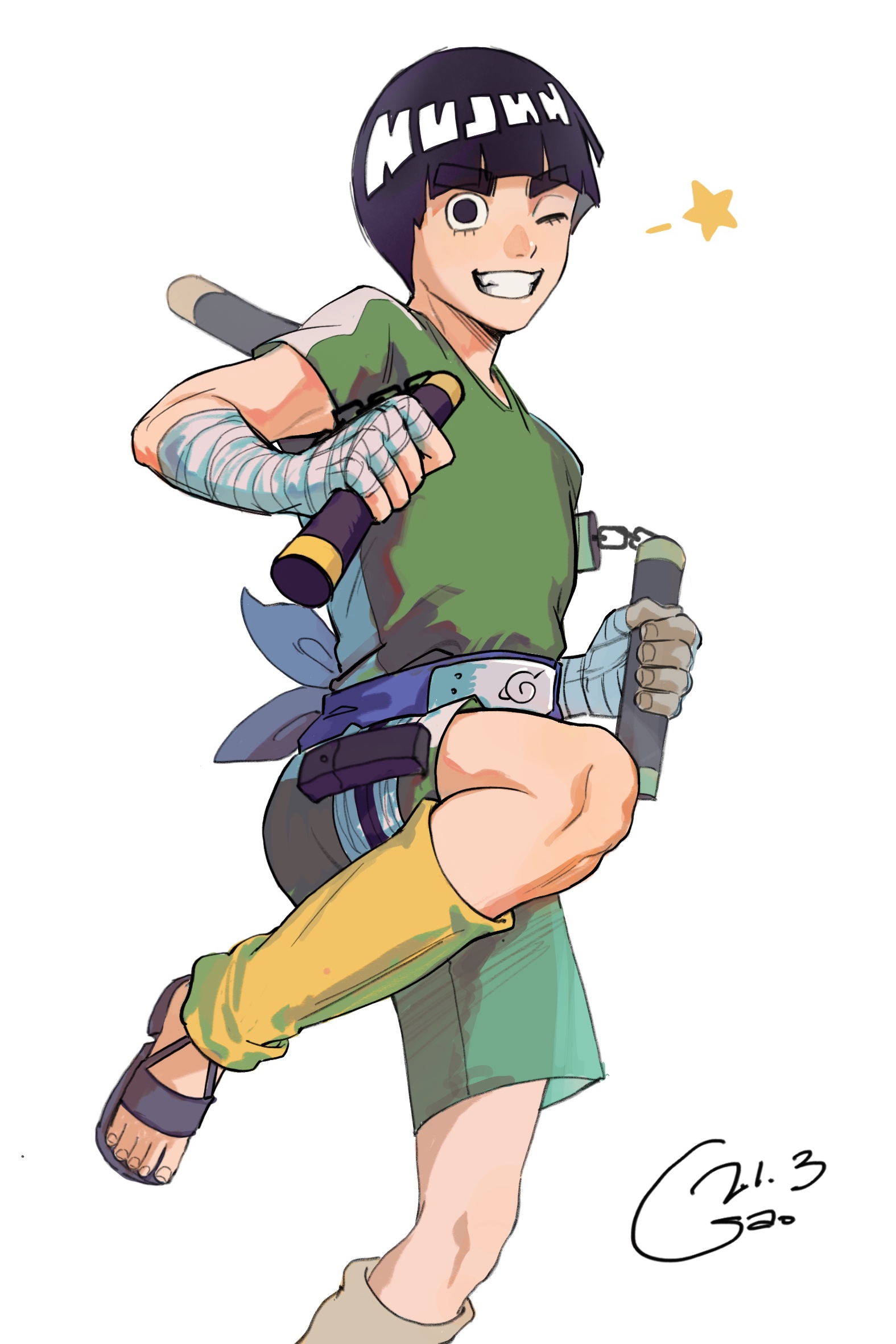gaozijie422, rock lee, naruto (classic), naruto (series), highres, 1boy, ;d, black eyes, black hair, bowl cut, dual wielding, green shirt, green shorts, grin, holding, holding nunchaku, holding weapon, konohagakure symbol, leg warmers, looking at viewer, male focus, ninja, nunchaku, one eye closed, open mouth, shirt, short hair, short sleeves, shorts, simple background, smile, solo, star (symbol), teeth, thick eyebrows, weapon, white background, yellow leg warmers
