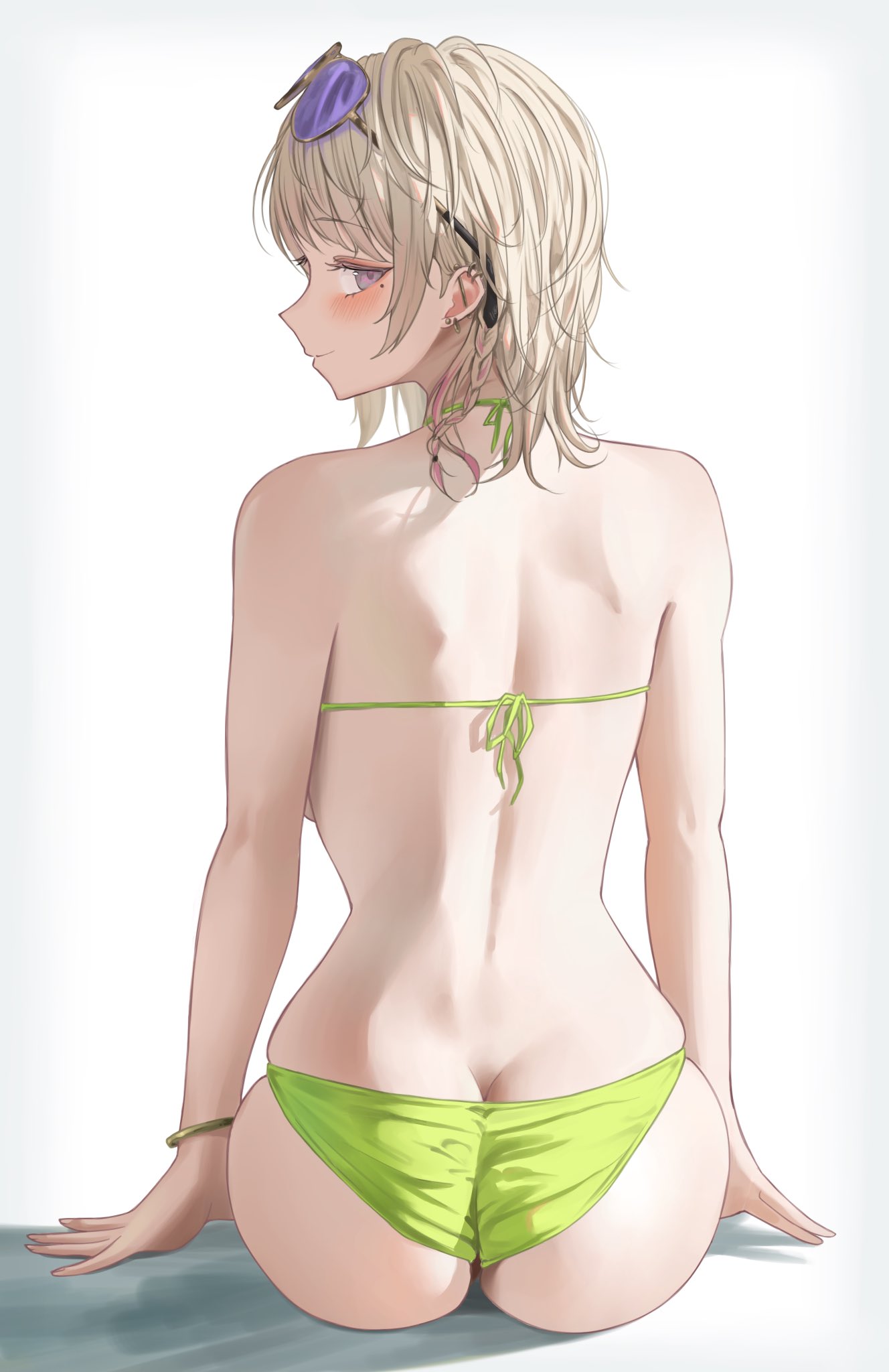 renge (730), original, commentary request, highres, 1girl, ass, back, bangle, barbell piercing, bare arms, bare shoulders, bikini, blush, bracelet, braid, brown hair, butt crack, closed mouth, ear piercing, earrings, eyewear on head, from behind, green bikini, industrial piercing, jewelry, looking at viewer, looking back, medium hair, mole, mole under eye, piercing, pink hair, profile, purple-tinted eyewear, purple eyes, simple background, sitting, smile, solo, stud earrings, sunglasses, swimsuit, tinted eyewear, white background
