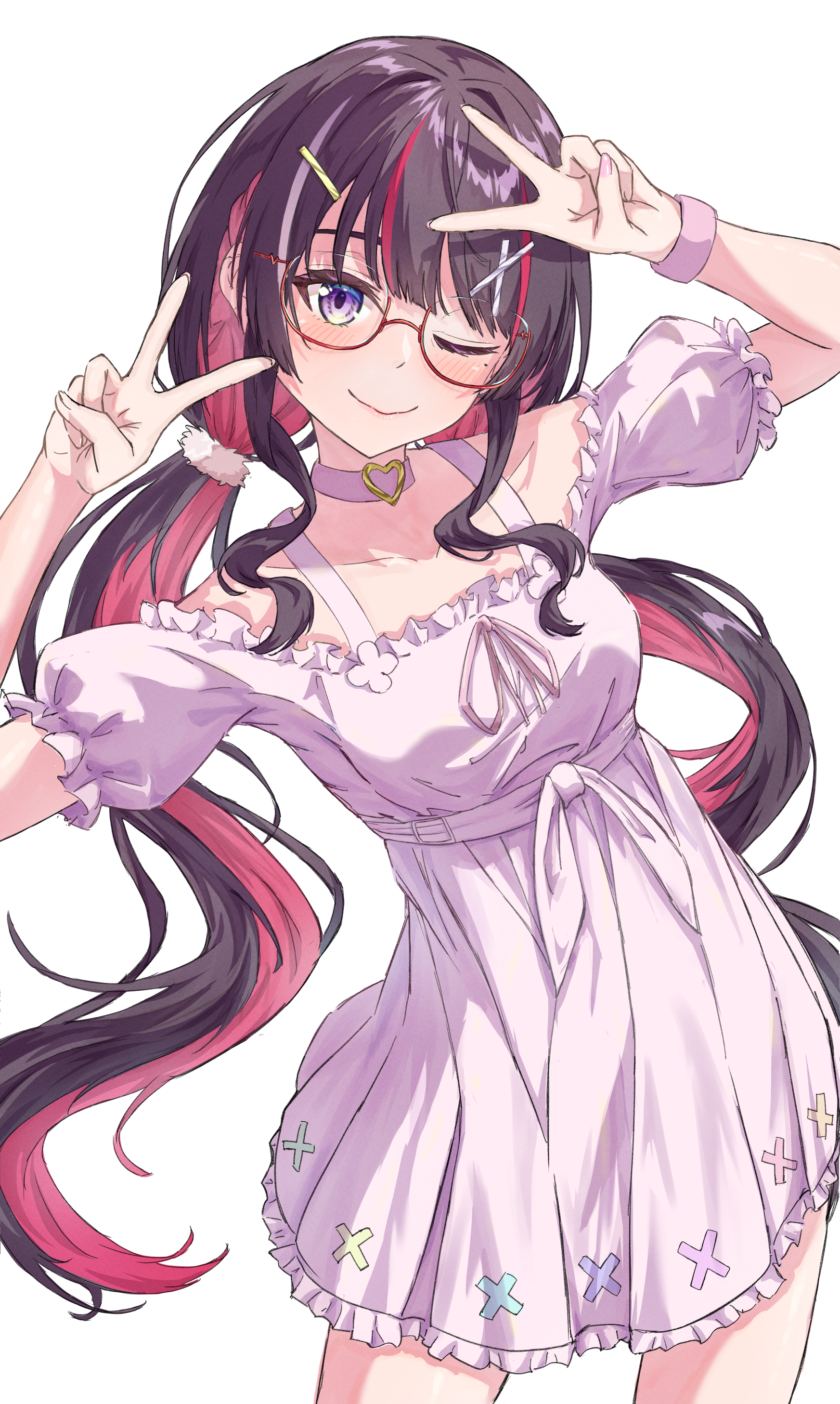 qussie, azki (hololive), hololive, absurdres, highres, 1girl, black hair, colored inner hair, cowboy shot, dress, frilled dress, frills, glasses, hair ornament, hairclip, long hair, low twintails, multicolored hair, one eye closed, pink dress, pink hair, purple eyes, short sleeves, simple background, solo, twintails, v, virtual youtuber, white background