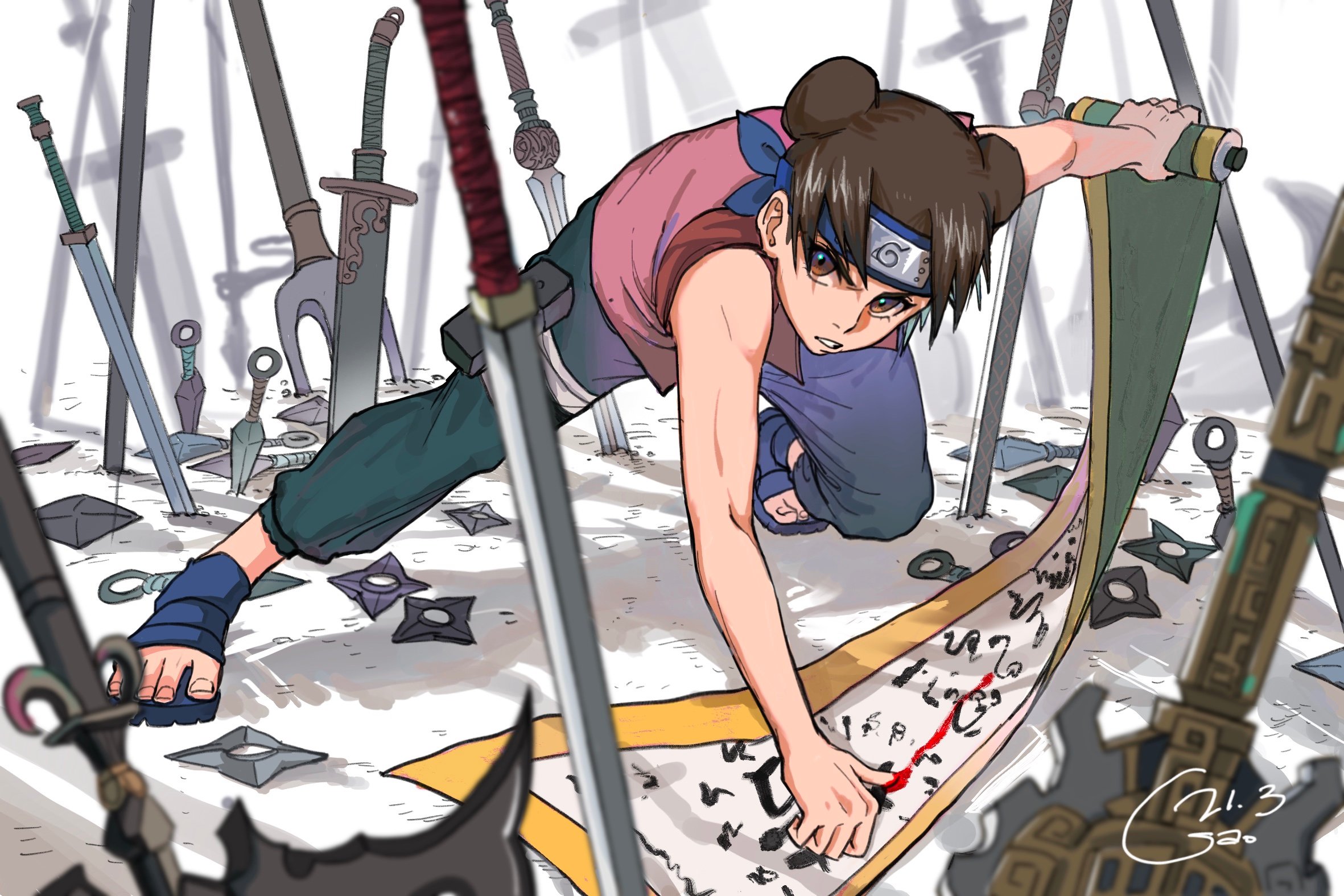 gaozijie422, tenten (naruto), naruto (classic), naruto (series), highres, 1girl, blood, brown eyes, brown hair, forehead protector, full body, green pants, holding, holding scroll, konohagakure symbol, kunai, ninja, pants, pink shirt, planted, planted polearm, planted sword, planted weapon, polearm, sandals, scroll, shirt, shuriken, simple background, sleeveless, solo, sword, weapon, white background