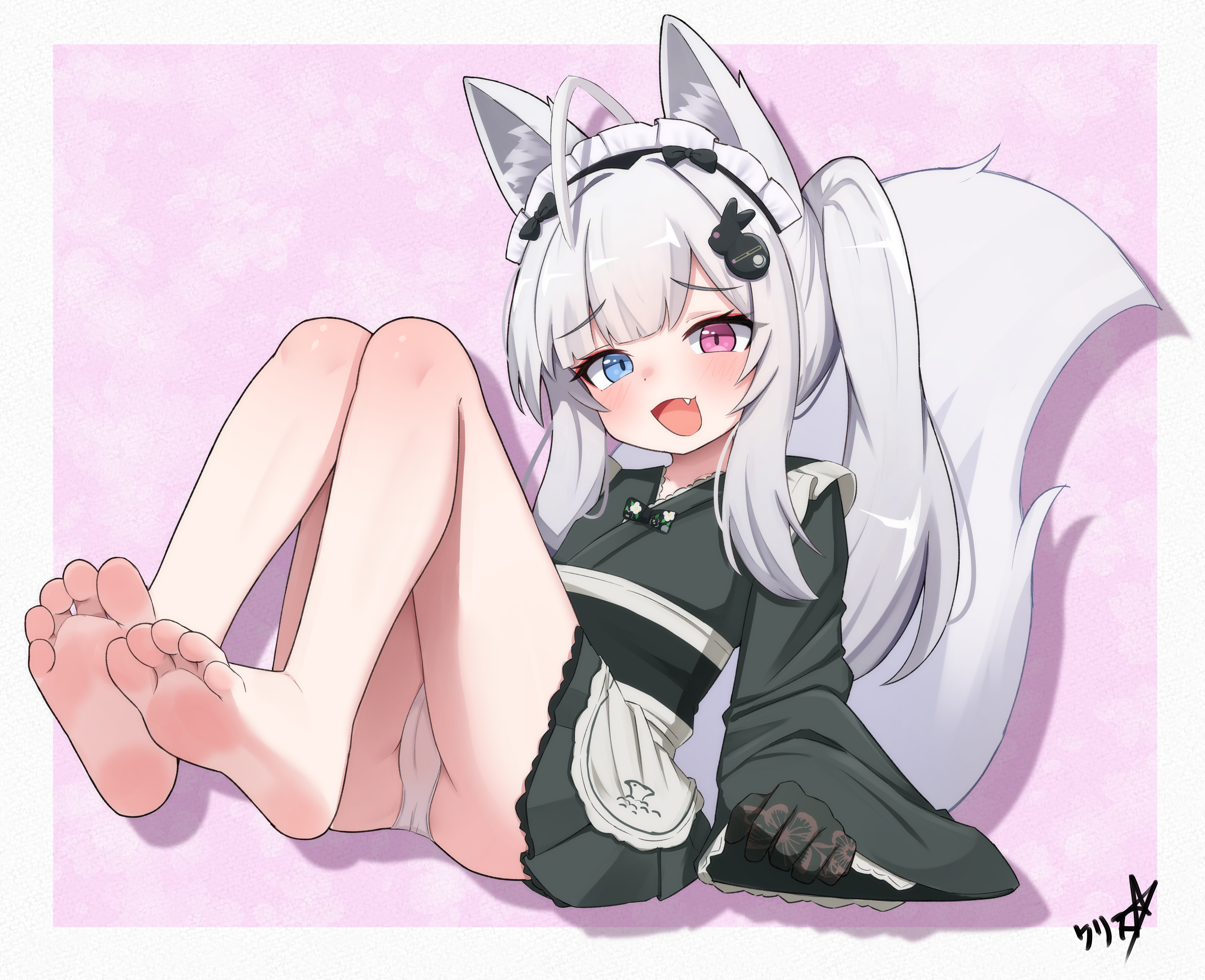 boppin, original, absurdres, commentary, commission, english commentary, highres, pixiv commission, variant set, 1girl, animal ears, barefoot, blue eyes, fang, feet, fox tail, heterochromia, japanese clothes, maid, maid headdress, panties, soles, solo, tail, toes, underwear, wa maid, white panties