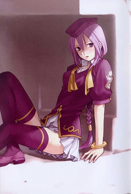 takenashi eri, sion eltnam (type-moon), sion eltnam atlasia, melty blood, tsukihime, 00s, 1girl, arm support, bracelet, braid, female focus, hat, jewelry, long hair, miniskirt, purple eyes, purple hair, purple thighhighs, single braid, sitting, skirt, solo, thighhighs, zettai ryouiki