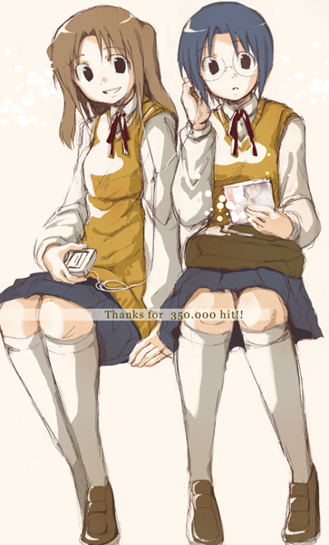 ciel (tsukihime), yumizuka satsuki, tsukihime, 00s, 2girls, blue skirt, long sleeves, multiple girls, pleated skirt, school uniform, serafuku, skirt