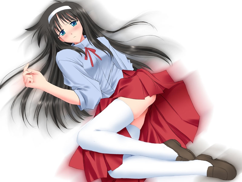 tohno akiha, tsukihime, duplicate, 00s, 1girl, ass, black hair, blue eyes, bow, brown hair, female focus, hairband, loafers, long hair, long skirt, looking at viewer, lying, neck ribbon, ribbon, school uniform, shirt, shoes, skirt, solo, thighhighs, upskirt, very long hair, zettai ryouiki