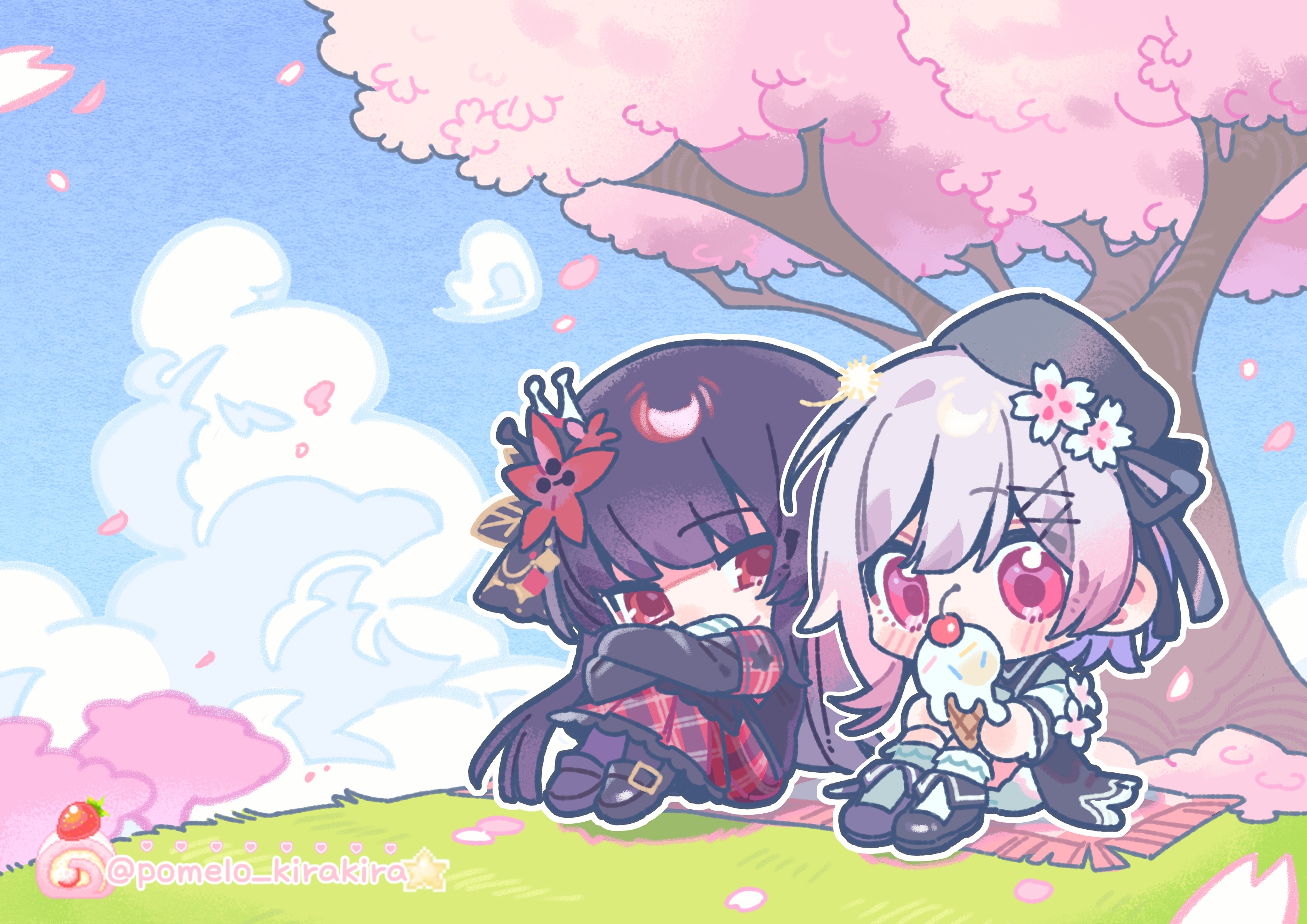 nikaidou hiro, sakuraba ema, mahou shoujo no majo saiban, absurdres, artist request, chinese commentary, commentary request, commission, highres, second-party source, 2girls, black hair, black hat, black ribbon, black shoes, blue sky, cherry blossoms, chibi, chibi only, cloud, crown, day, flower, food, fruit, full body, hair flower, hair ornament, hat, holding, holding food, holding ice cream, ice cream, knees up, long hair, long sleeves, magical girl, multiple girls, outdoors, outline, petals, picnic blanket, pink eyes, pink hair, red eyes, ribbon, shoes, short hair, sitting, sky, smile, spring (season), strawberry, tree, white hair, white outline, x hair ornament