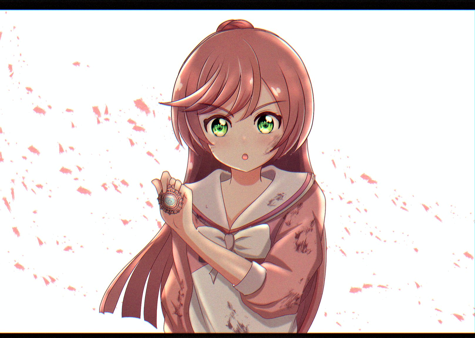 usuba kagerou (shougyouchu), nijigaoka mashiro, hirogaru sky! precure, precure, commentary, highres, 1girl, casual, dress, frown, green eyes, hair bun, holding, letterboxed, long hair, long sleeves, looking at viewer, open mouth, pink dress, pink hair, single hair bun, sky tone, solo, two-tone dress, white background, white dress