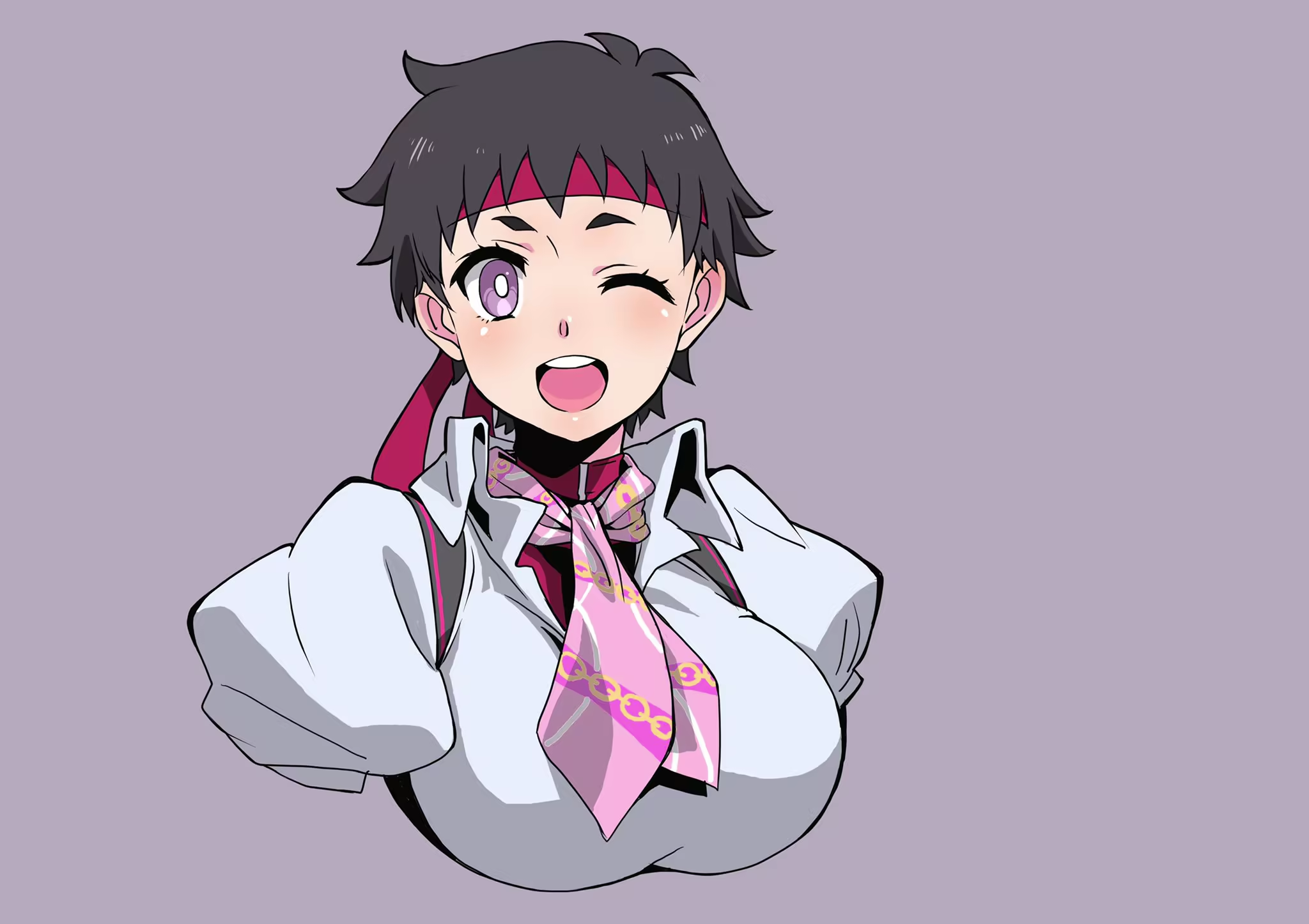 makinaru, kasugano sakura, street fighter, street fighter v, highres, alternate eye color, black hair, breasts, headband, medium breasts, neckerchief, one eye closed, open mouth, pink neckerchief, purple eyes, red headband, red tank top, shirt, tank top, vest, waistcoat, white shirt