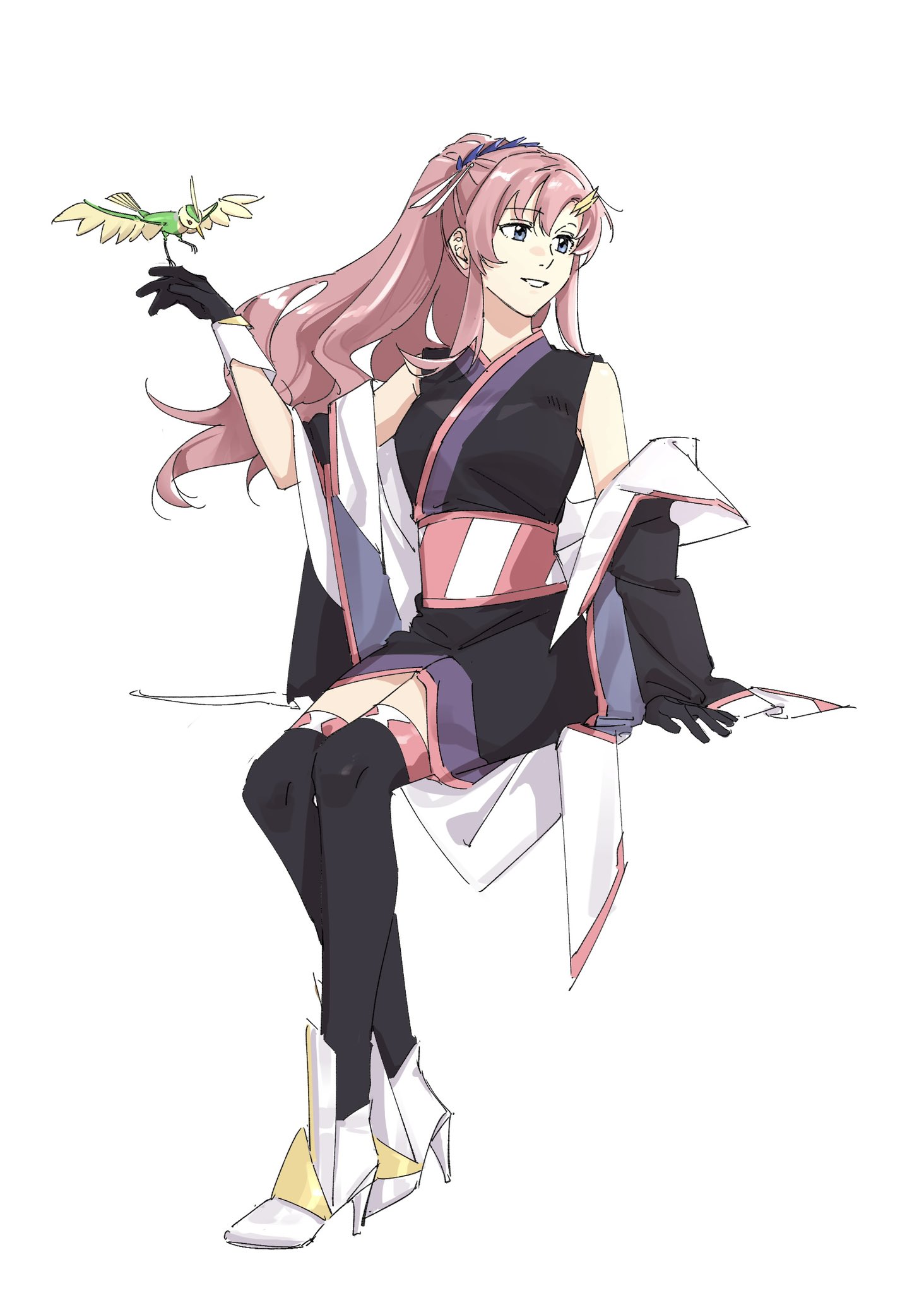 nanao parakeet, lacus clyne, torii (gundam), gundam, gundam seed, gundam seed freedom, highres, 1girl, bird, blue eyes, breasts, gloves, hair ornament, japanese clothes, long hair, non-humanoid robot, open mouth, pink hair, ponytail, robot, robot animal, simple background, sitting, sleeveless, smile, thighhighs, very long hair, white background