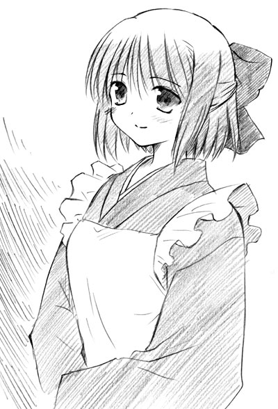 kohaku (tsukihime), tsukihime, 00s, 1girl, female focus, greyscale, monochrome, sketch, solo