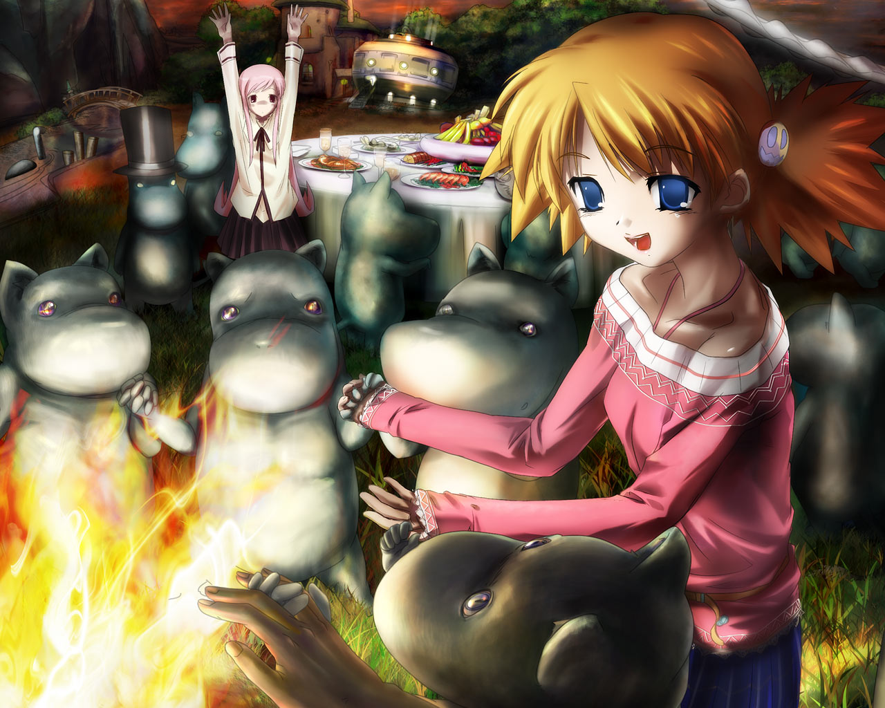 ashibe ryou, lucy maria misora, moominpappa, moomintroll, mumintrollet, sasamori karin, moomin, to heart (series), to heart 2, 00s, 2girls, :d, arms up, blue eyes, bridge, building, campfire, crossover, fire, food, forest, fruit, glass, grass, hat, holding hands, long hair, multiple girls, nature, off shoulder, open mouth, outstretched arms, pink hair, plate, smile, table, top hat, what