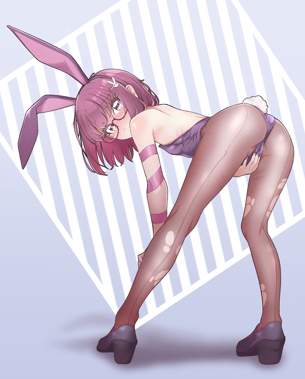 pettan (zeez4743), fallenshadow, indie virtual youtuber, highres, 1girl, animal ear hairband, animal ears, arm ribbon, ass, bent over, blush, brown pantyhose, closed mouth, fake animal ears, fake tail, fingernails, flat chest, from behind, full body, glasses, hair ornament, hairband, high heels, leotard, long fingernails, looking at viewer, looking back, pantyhose, playboy bunny, purple eyes, purple hair, purple leotard, rabbit ear hairband, rabbit ears, rabbit hair ornament, rabbit tail, ribbon, short hair, solo, standing, strapless, strapless leotard, tail, torn clothes, torn pantyhose, virtual youtuber
