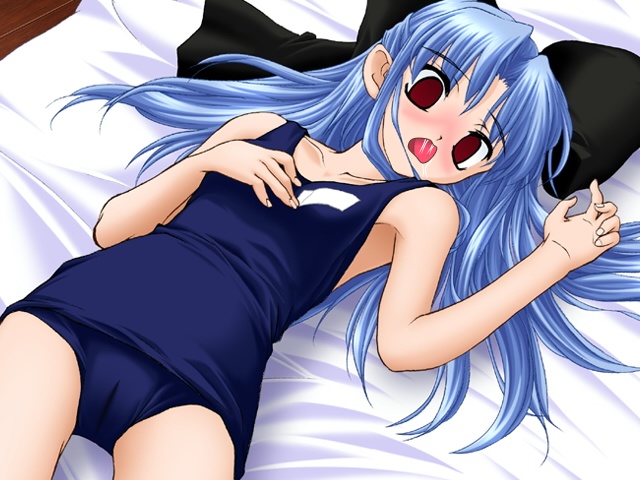 len (tsukihime), tsukihime, 00s, 1girl, female focus, flat chest, half updo, loli, one-piece swimsuit, pointy ears, school swimsuit, solo, swimsuit