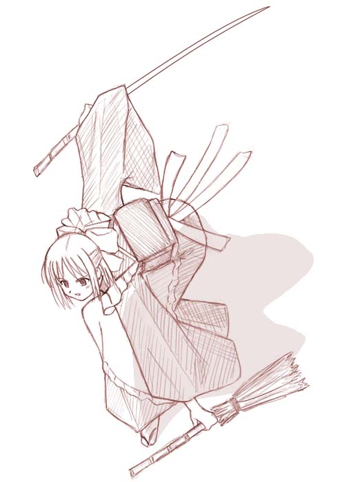 kohaku (tsukihime), tsukihime, 00s, bamboo broom, broom, katana, monochrome, solo, sword, weapon