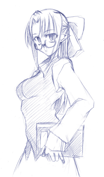 ciel-sensei, ciel (tsukihime), len (tsukihime), kagetsu tooya, tsukihime, 1girl, aged up, breasts, ciel (cosplay), cosplay, female focus, monochrome, pointy ears, ren sensei, simple background, solo