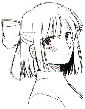 takeuchi takashi, kohaku (tsukihime), tsukihime, lowres, 00s, 1girl, blush, female focus, frown, greyscale, half updo, monochrome, pout, solo, turtleneck