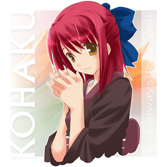 kohaku (tsukihime), tsukihime, 00s, 1girl, blue bow, blush, bow, brown eyes, brown shirt, character name, collarbone, female focus, floral background, hair bow, hair ribbon, half updo, interlocked fingers, japanese clothes, kimono, looking at viewer, red hair, ribbon, sash, shirt, short hair, smile, solo, three-quarter sleeves, upper body, yellow eyes