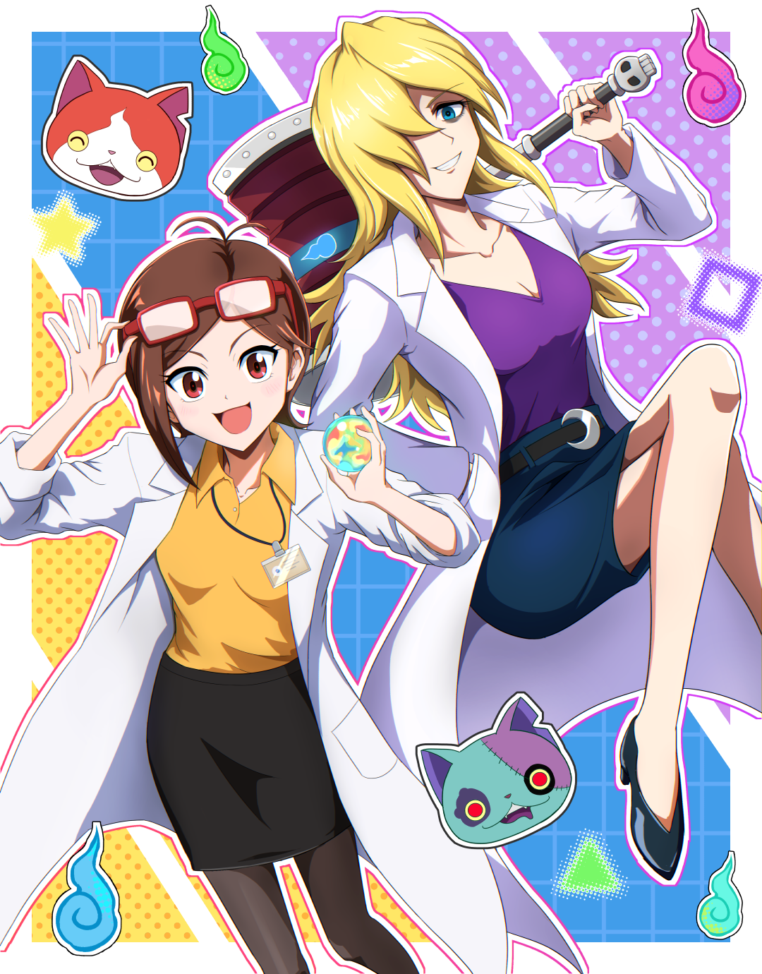 mamiya myanmar, jibanyan, youkai watch, youkai watch 3, highres, 2boys, 2girls, antenna hair, belt, black skirt, blonde hair, blue eyes, blue skirt, brown hair, cat, colorful background, crescent belt buckle, daimon-kyoju, diamond (shape), goggles, goggles on head, hair over one eye, hammer, high heels, hitodama, holding, holding hammer, holding orb, jibazonbinyan, lab coat, long hair, multiple boys, multiple girls, name tag, orange shirt, orb, purple shirt, red eyes, red goggles, riri furanshi-hakase, shirt, short hair, skirt, smile, smirk, star (symbol), stiletto heels, thighhighs, triangle, very long hair, youkai (youkai watch), zombie