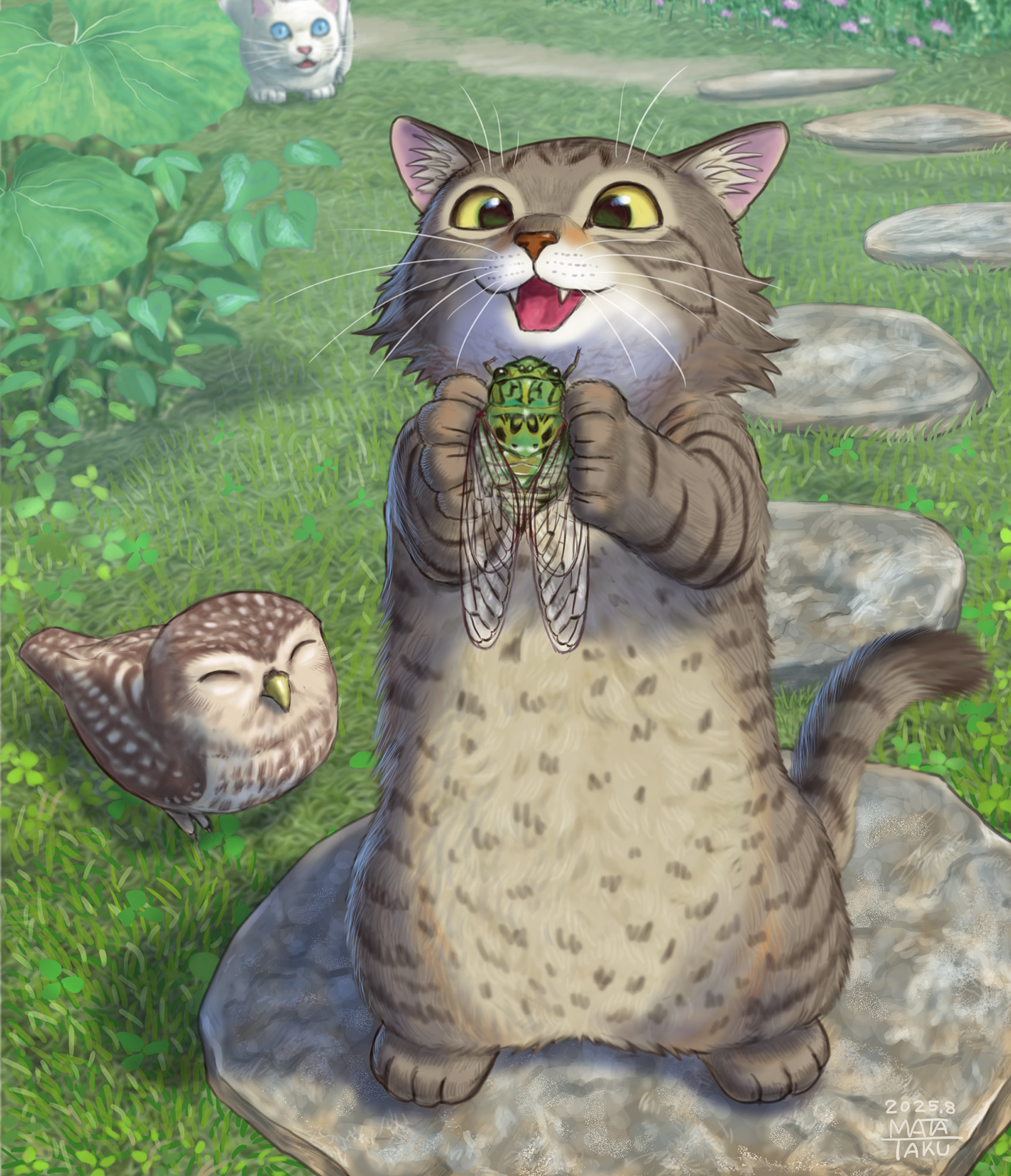 matataku, surprised cat (matataku), original, commentary request, highres, animal, animal focus, bird, bug, cat, cicada, day, grass, grey cat, insect, no humans, outdoors, owl, stepping stones, white cat