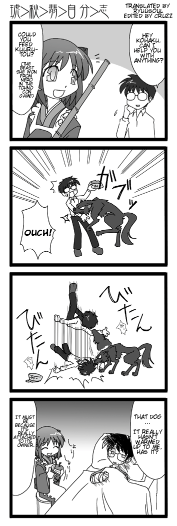 kieyza, kohaku (tsukihime), tohno shiki, tsukihime, hard-translated, long image, tall image, third-party edit, translated, 00s, 1boy, 1girl, 4koma, apple, bandages, bowl, comic, english text, food, fruit, greyscale, maid, monochrome, pet bowl, pet food