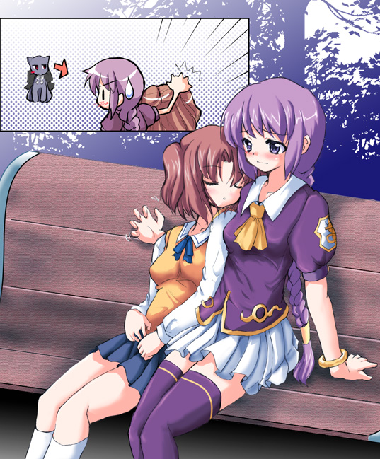 len (cat) (tsukihime), len (tsukihime), sion eltnam (type-moon), sion eltnam atlasia, yumizuka satsuki, melty blood, tsukihime, 00s, 2girls, blue skirt, cat, multiple girls, purple hair, sitting, skirt, thighhighs, zettai ryouiki