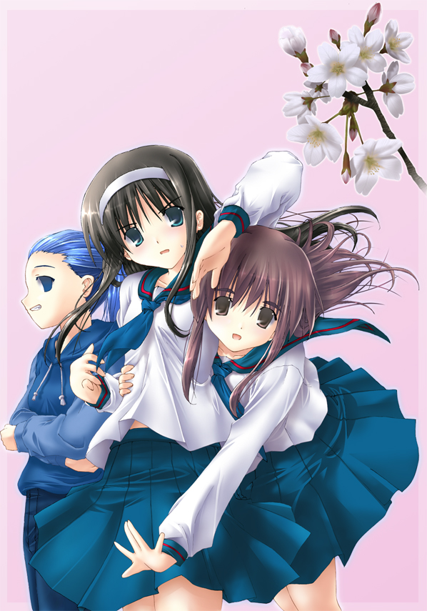 misawa hanei, tohno akiha, tsukihime souka, tsukihime, 00s, 3girls, ||/, bad anatomy, bad hands, blue eyes, blush, cherry blossoms, floating hair, flower, groping, looking at viewer, multiple girls, pink background, poorly drawn, profile, school uniform, serafuku, simple background, smile, sweatdrop