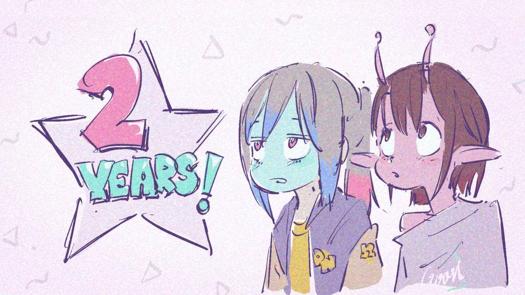 kameyama yohei, milky galactic universe, milky highway, commentary request, !, 2girls, alien, android, anniversary, antennae, black hair, blue hair, blush, bob cut, brown eyes, brown hair, brown sleeves, collared jacket, colored skin, colored tips, crew neck, cropped torso, double-parted bangs, english text, face filter, film grain, flat color, grey sleeves, grey sweater, hair between eyes, heavy film grain, jacket, letter print, letterman jacket, long pointy ears, mechanical ears, mechanical neck, medium hair, multicolored hair, multiple girls, no humans, no nose, number print, open clothes, open jacket, open mouth, pink eyes, pink skin, pointy ears, ponytail, print jacket, print sleeves, print sweater, purple jacket, raglan sleeves, red hair, shirt, short hair, sidelocks, single bare shoulder, star (symbol), streaked hair, sweater, text print, triangle, triangle background, upper body, white background, yellow shirt