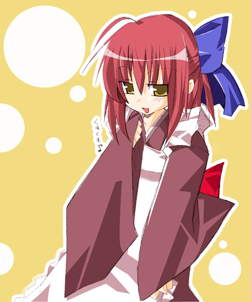 kohaku (tsukihime), tsukihime, 00s, 1girl, ahoge, apron, blush, bow, female focus, hair bow, hand to own mouth, japanese clothes, kimono, looking at viewer, maid, maid apron, naughty face, red hair, short hair, solo, wa maid, yellow eyes