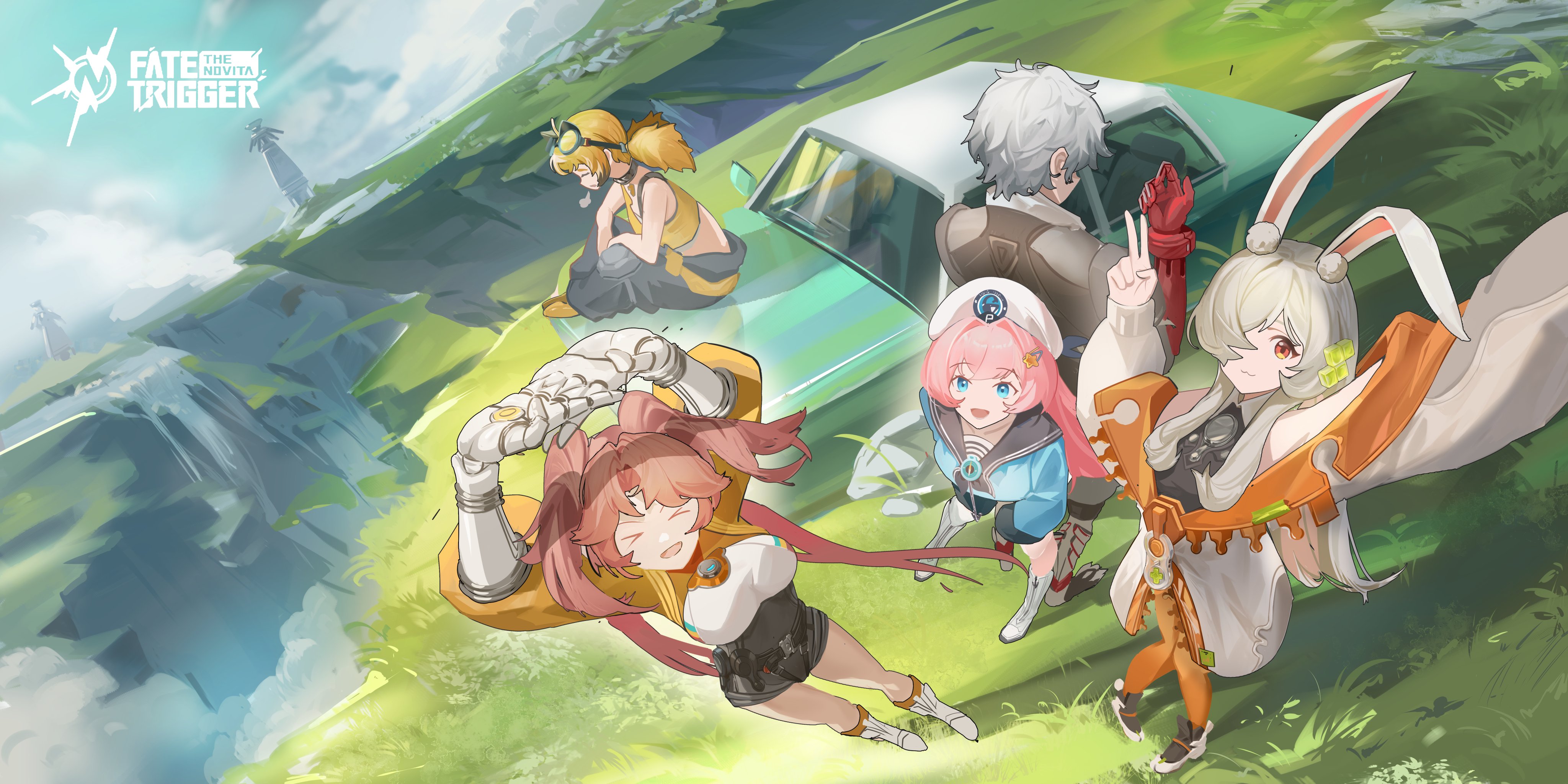 xiao longxia mianbao, eos (trigger of fate the novita), kira (trigger of fate the novita), fate trigger: the novita, absurdres, highres, 1boy, 4girls, animal ears, bare shoulders, blonde hair, blue eyes, grey hair, hair ornament, hair over one eye, hairpin, hand up, hands up, jacket, long hair, looking at viewer, mindy (trigger of fate the novita), multiple girls, nase (trigger of fate the novita), open mouth, orange eyes, orange hair, pink hair, ponytail, rabbit ears, red eyes, ryoin (trigger of fate the novita), sitting, twintails, white hair, yellow jacket