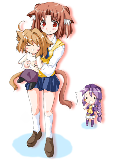 arcueid brunestud, sion eltnam (type-moon), sion eltnam atlasia, yumizuka satsuki, melty blood, tsukihime, brown footwear, purple legwear, white legwear, 00s, 3girls, :d, ahoge, animal ears, ascot, black socks, blonde hair, blue ribbon, blue skirt, blush, blush stickers, braid, brown hair, cat ears, clenched teeth, collared shirt, full body, holding, kneehighs, long hair, long sleeves, multiple girls, o o, open mouth, pantyhose, pleated skirt, purple hair, purple skirt, red eyes, ribbon, shirt, shoes, short hair, single braid, skirt, smile, socks, standing, tears, teeth, thighhighs, very long hair, white shirt, white skirt, yellow ribbon, zettai ryouiki