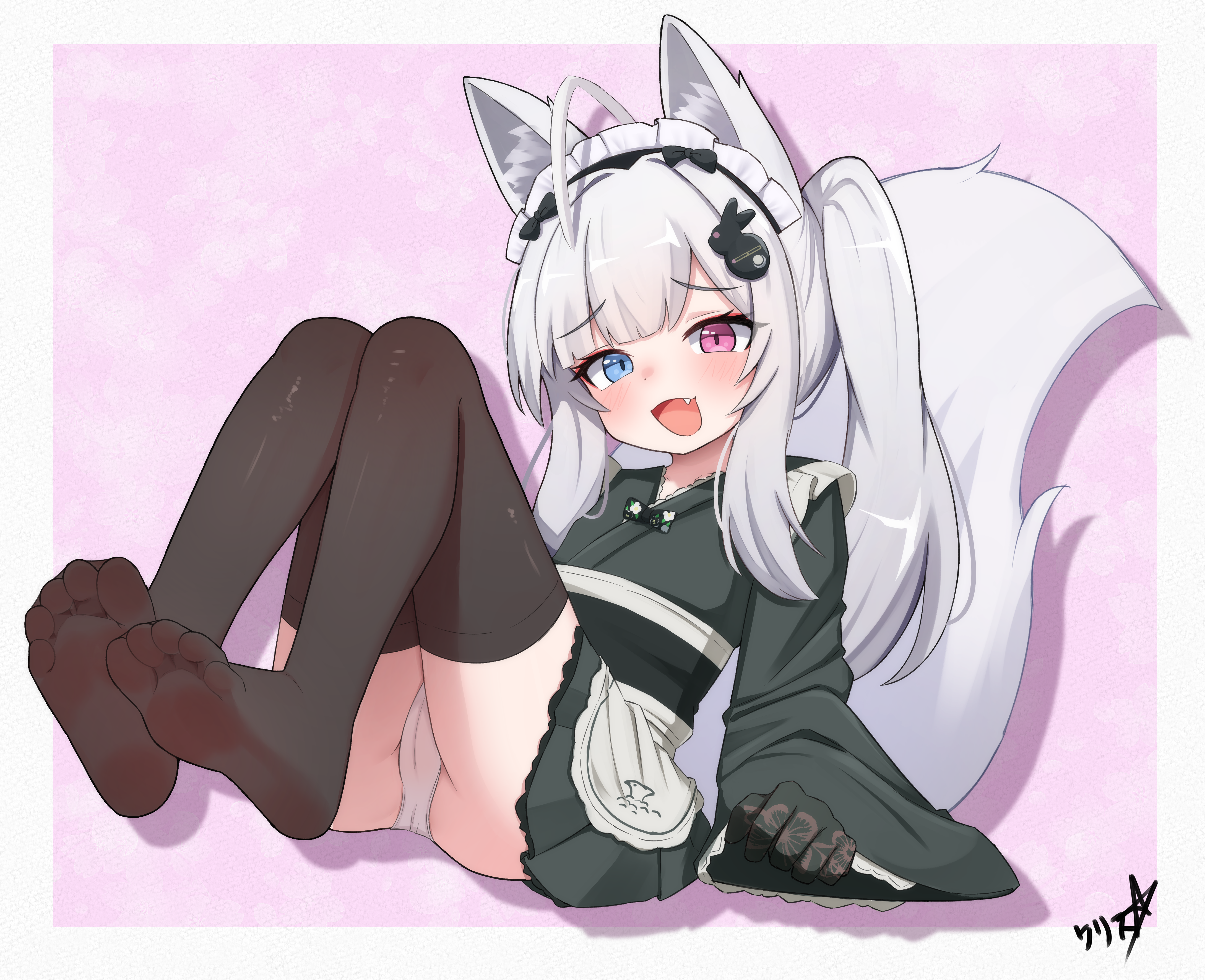 boppin, original, absurdres, commentary, commission, english commentary, highres, pixiv commission, variant set, 1girl, animal ears, apron, black thighhighs, blue eyes, fang, feet, fox tail, gloves, heterochromia, japanese clothes, kimono, maid, maid headdress, no shoes, panties, soles, solo, tail, thighhighs, toes, underwear, wa maid, white panties