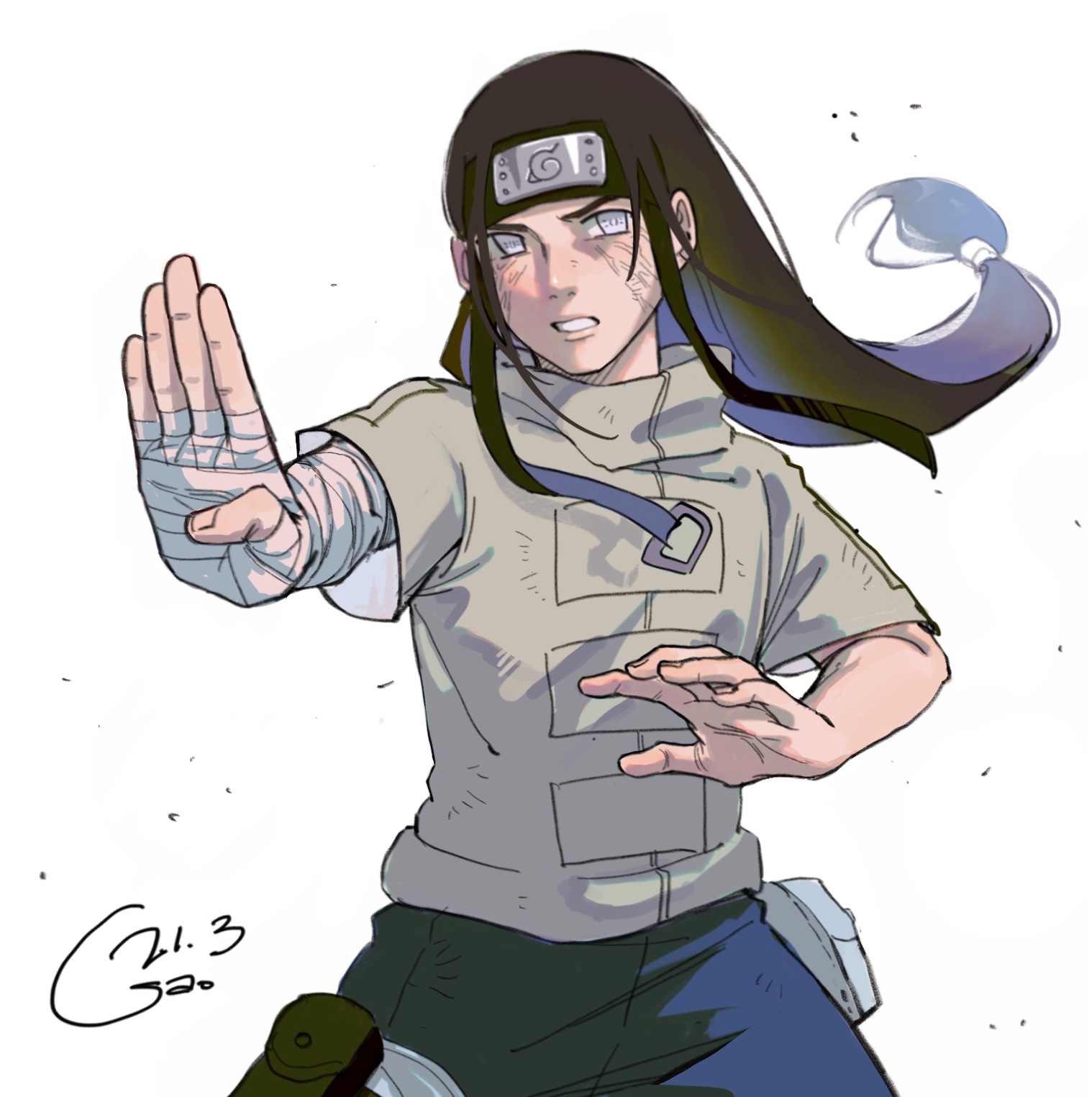 gaozijie422, hyuuga neji, naruto (classic), naruto (series), highres, 1boy, bandaged arm, bandages, brown hair, byakugan, forehead protector, grey jacket, jacket, konohagakure symbol, long hair, looking at viewer, male focus, ninja, simple background, solo, white background, white eyes