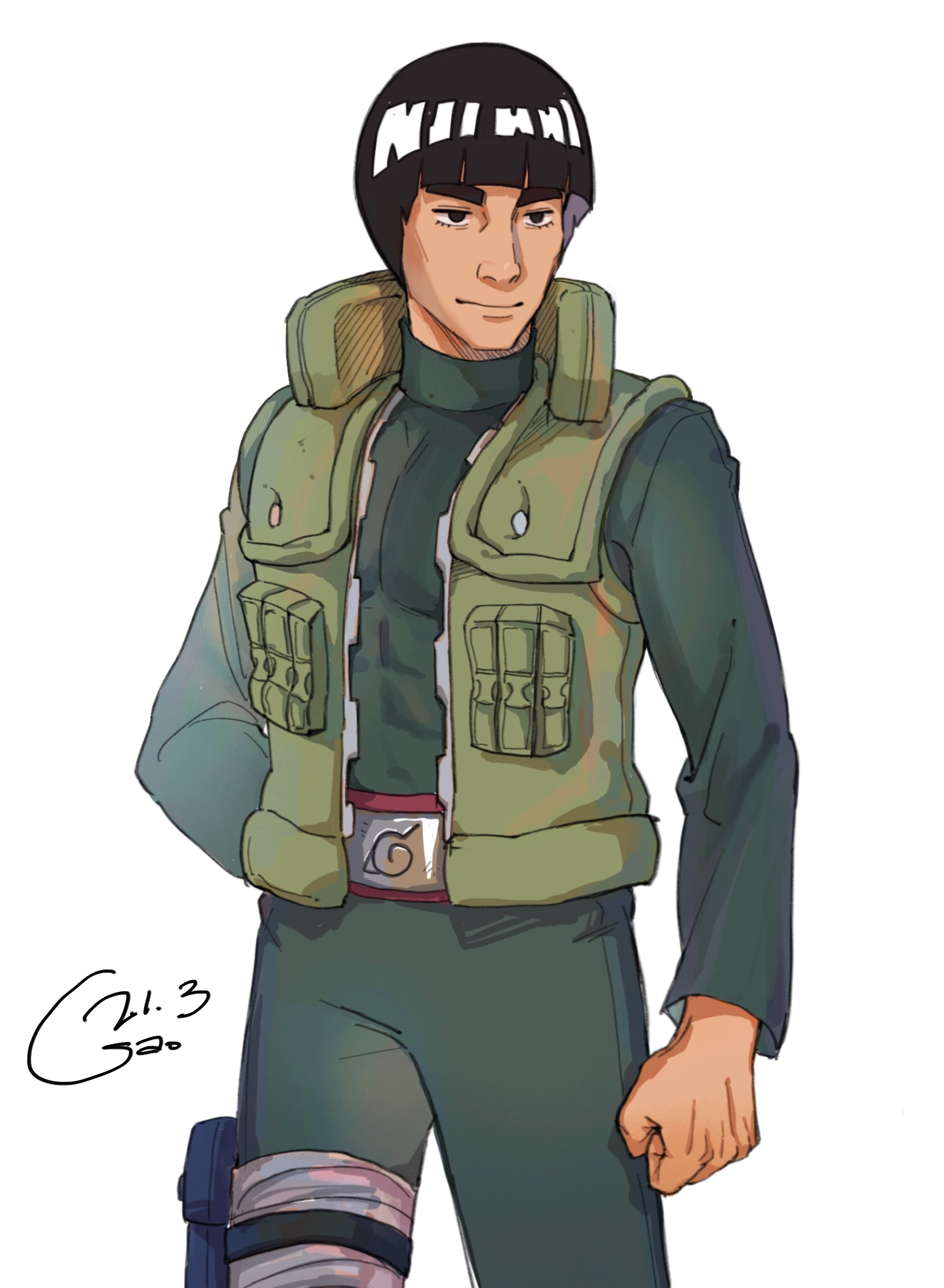 gaozijie422, might guy, naruto (classic), naruto (series), highres, 1boy, black eyes, black hair, bowl cut, closed mouth, flak jacket, green jumpsuit, jacket, jumpsuit, long sleeves, looking at viewer, male focus, ninja, short hair, simple background, solo, thick eyebrows, white background