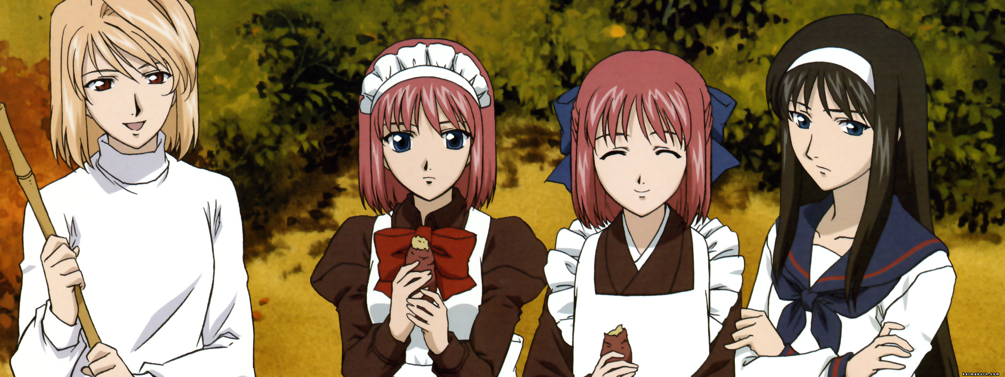 arcueid brunestud, hisui (tsukihime), kohaku (tsukihime), tohno akiha, j.c. staff, tsukihime, absurdres, highres, jpeg artifacts, long image, wide image, 00s, 4girls, blonde hair, multiple girls, siblings, sisters, sweater, twins