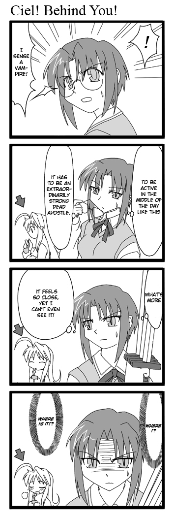 altrouge, kieyza, altrouge brunestud, ciel (tsukihime), tsukihime, hard-translated, long image, tall image, third-party edit, 00s, 2girls, 4koma, ahoge, black keys (type-moon), comic, english text, greyscale, monochrome, multiple girls