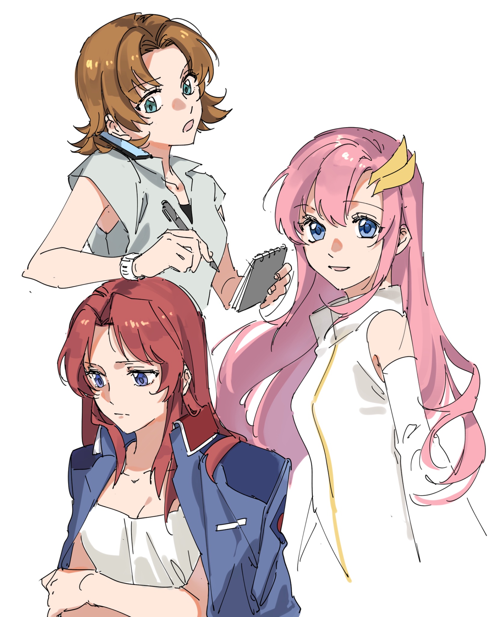 nanao parakeet, flay allster, lacus clyne, miriallia haw, gundam, gundam seed, highres, 3girls, blue eyes, breasts, brown hair, green eyes, hair ornament, jacket, jacket on shoulders, long hair, long sleeves, looking at viewer, military, military uniform, multiple girls, open mouth, parted bangs, pink hair, purple eyes, red hair, shirt, short hair, short sleeves, simple background, sleeveless, smile, swept bangs, upper body, very long hair, white background