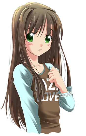 arima miyako, melty blood, tsukihime, 00s, 1girl, alternate hairstyle, blouse, blush, brown hair, casual, collarbone, expressionless, female focus, green eyes, hair down, hand on own chest, long hair, looking at viewer, open mouth, shirt, solo, transparent background, upper body, very long hair