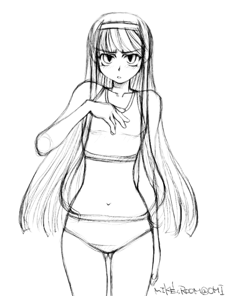 mike156, tohno akiha, tsukihime, 00s, 1girl, embarrassed, female focus, greyscale, monochrome, panties, simple background, sketch, solo, tank top, underwear