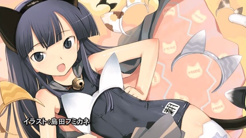 shimada fumikane, hazuki (tsukuyomi), tsukuyomi moonphase, end card, 00s, 1girl, animal ears, cat ears, eyecatch, fake animal ears, female focus, one-piece swimsuit, school swimsuit, solo, swimsuit