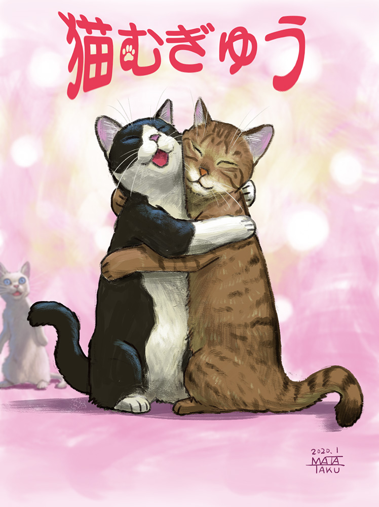 matataku, surprised cat (matataku), original, commentary request, translated, animal, animal focus, black cat, brown cat, cat, closed eyes, hug, no humans, white cat