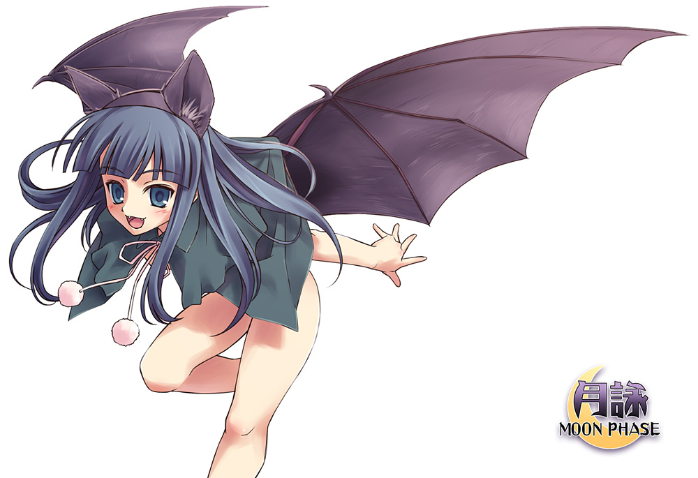 hazuki (tsukuyomi), tsukuyomi moonphase, 00s, 1girl, animal ears, bat ears, bat wings, blue eyes, blue hair, bottomless, cat ears, demon wings, fang, female focus, long hair, matching hair/eyes, solo, wings