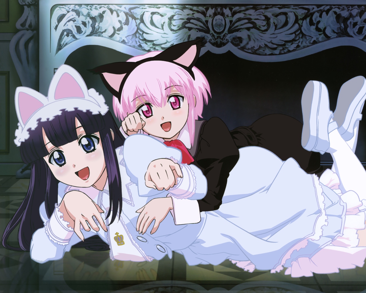 aizawa masahiro, artemis, artemis (tsukuyomi), hazuki (tsukuyomi), tsukuyomi moonphase, 00s, 2girls, animal ears, cat ears, multiple girls, paw pose, shoes