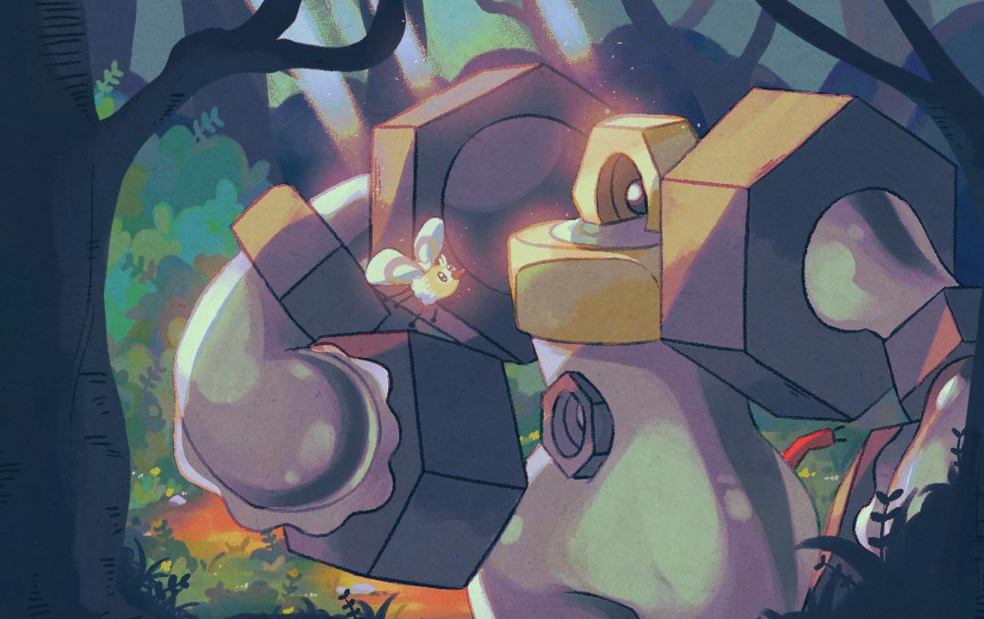cutiefly, melmetal, nintendo, pokemon, pokemon tcg, second-party source, bug, bush, cable, gen 7 pokemon, insect wings, light particles, mythical pokemon, nut (hardware), one-eyed, outdoors, pokemon (creature), pokemon focus, solparis, tree, wings