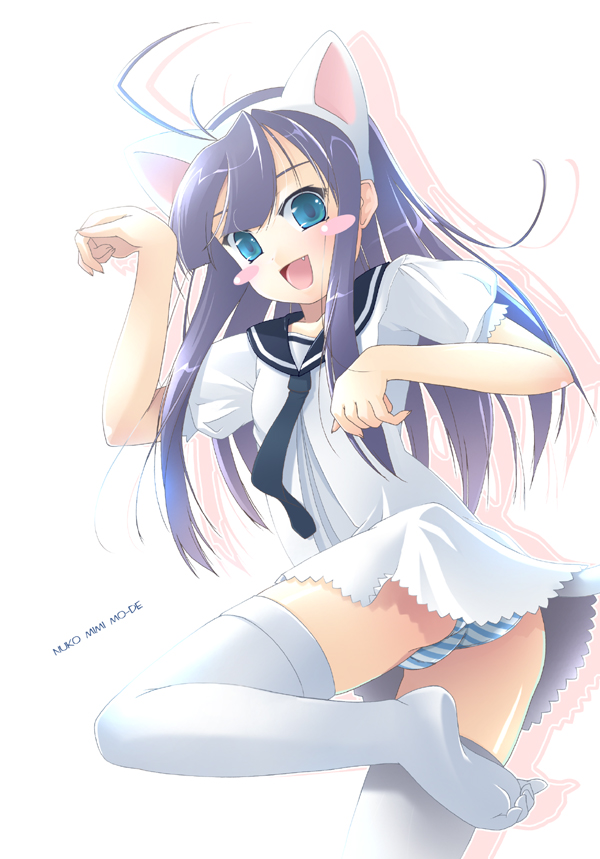 vanity doll, hazuki (tsukuyomi), tsukuyomi moonphase, 00s, 1girl, ahoge, animal ears, black hair, blue eyes, blue panties, blush, cat ears, cat tail, dress, fang, female focus, leg lift, long hair, looking back, necktie, panties, pantyshot, paw pose, purple hair, school uniform, serafuku, short dress, skirt, smile, solo, standing, striped clothes, striped panties, tail, thighhighs, underwear, upskirt, white dress, white skirt, white thighhighs, zettai ryouiki