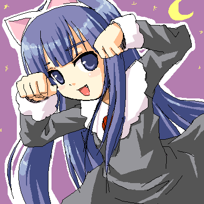 hazuki (tsukuyomi), tsukuyomi moonphase, lowres, 00s, 1girl, animal ears, arms up, black dress, blue eyes, blue hair, blush, cat ears, child, collar, crescent moon, dress, fake animal ears, female focus, hairband, long sleeves, looking at viewer, matching hair/eyes, moon, oekaki, open mouth, paw pose, purple background, simple background, smile, solo, upper body
